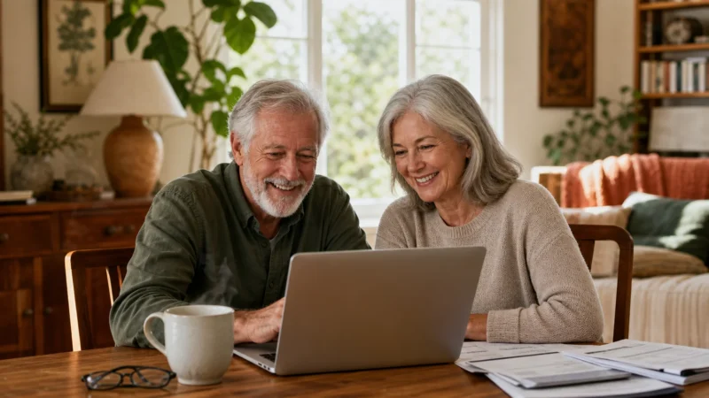 An older couple smiling while looking at a laptop at a sunlit dining table, representing peaceful retirement planning.