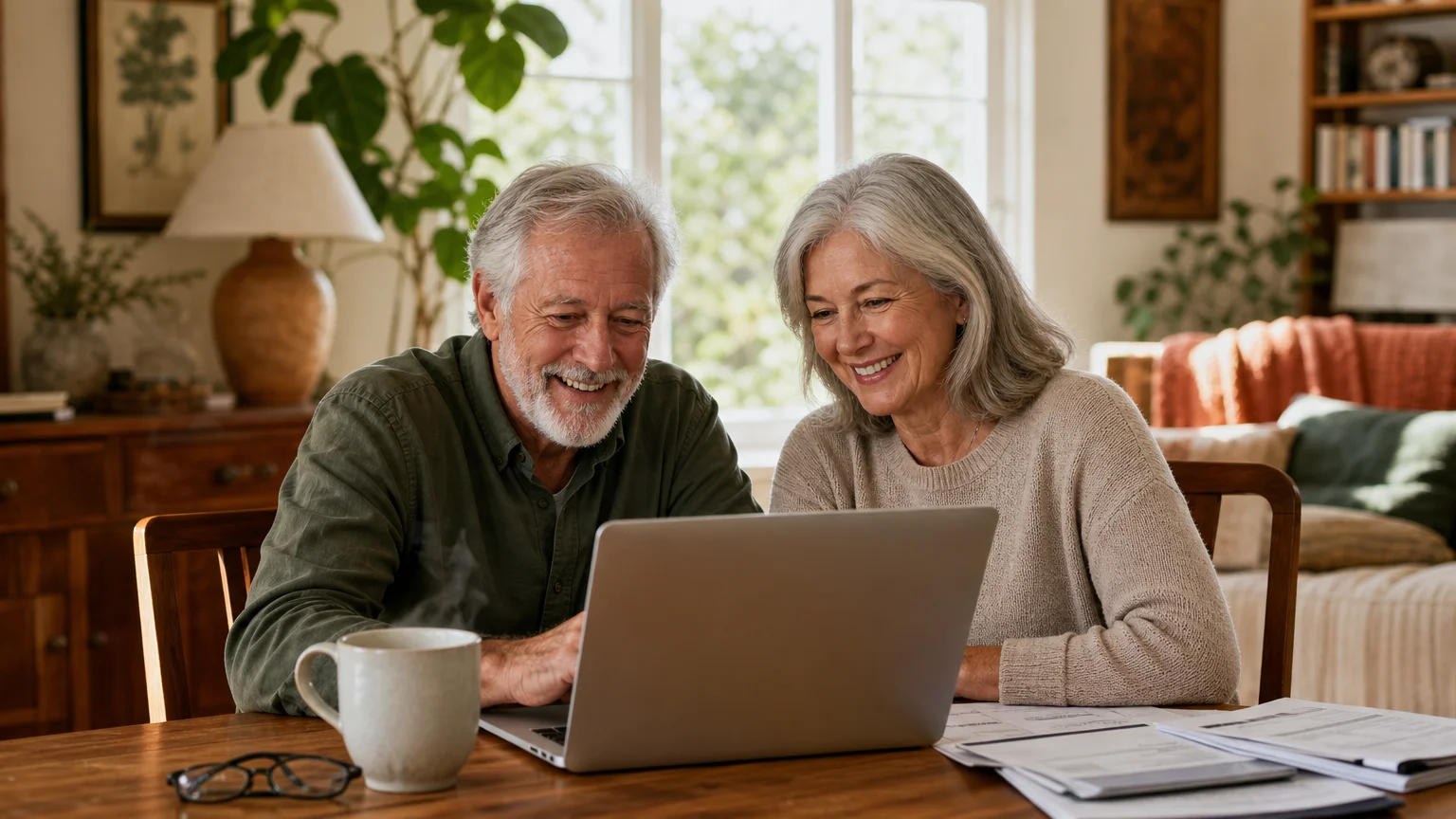 An older couple smiling while looking at a laptop at a sunlit dining table, representing peaceful retirement planning.
