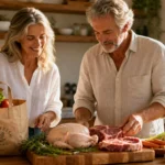 An older couple smiling while unpacking fresh Costco meats and vegetables on a wooden kitchen island in a sunny, warm kitchen.