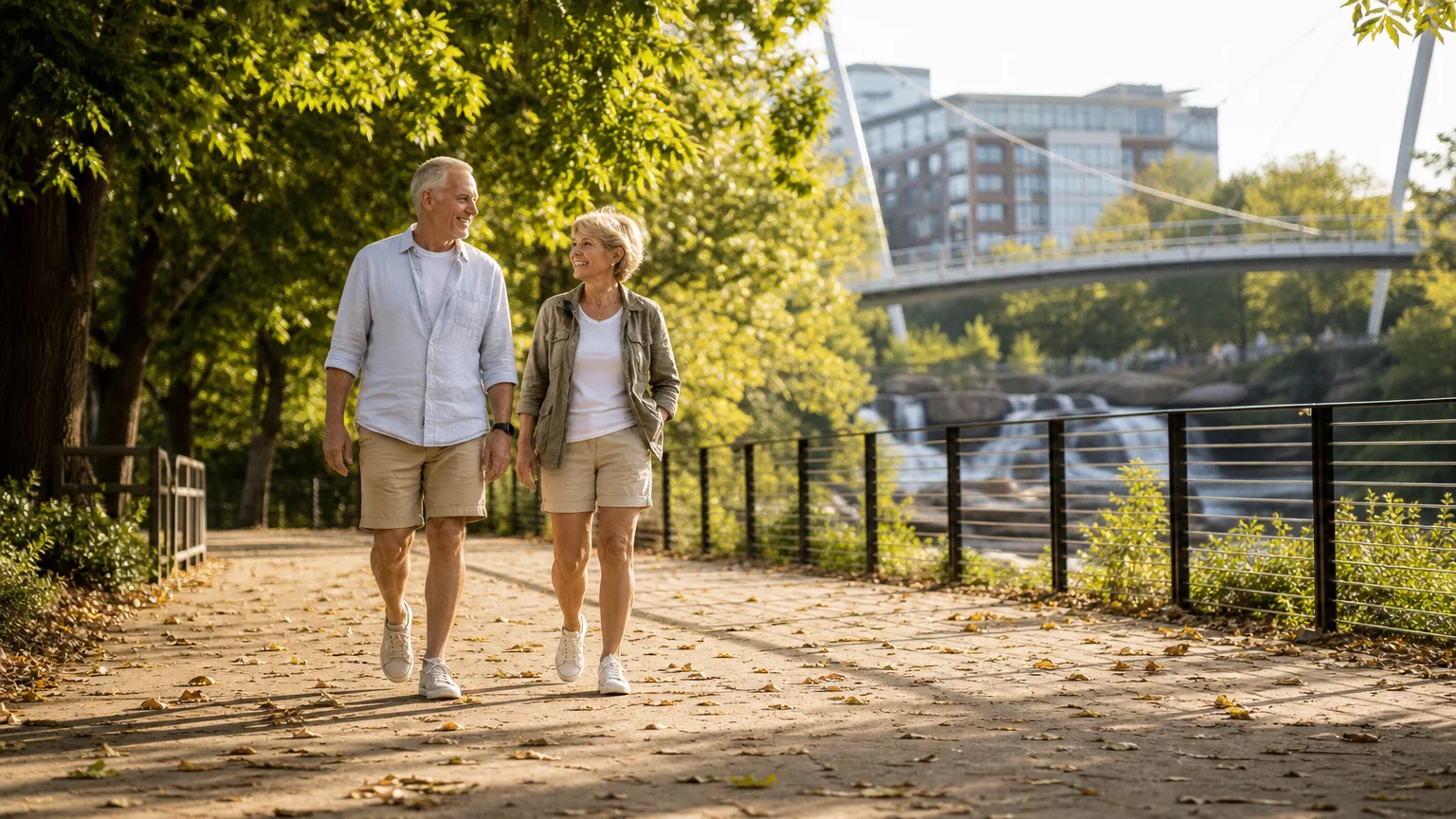 An older couple walks along a paved, tree-lined trail with a modern suspension bridge softly blurred in the background.