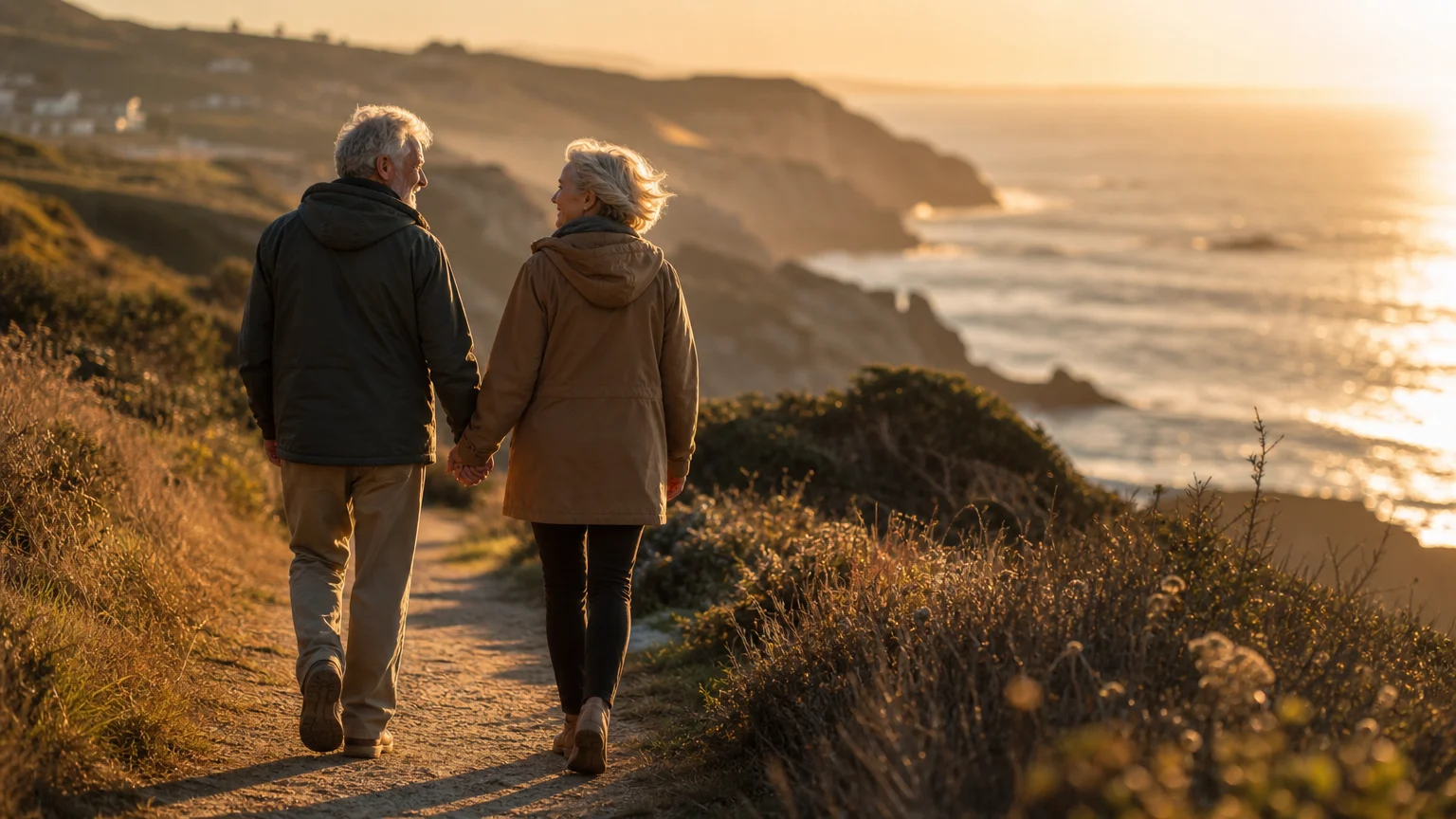 An older couple walks hand-in-hand along a beautiful coastal path during golden hour, looking out at the sparkling ocean.