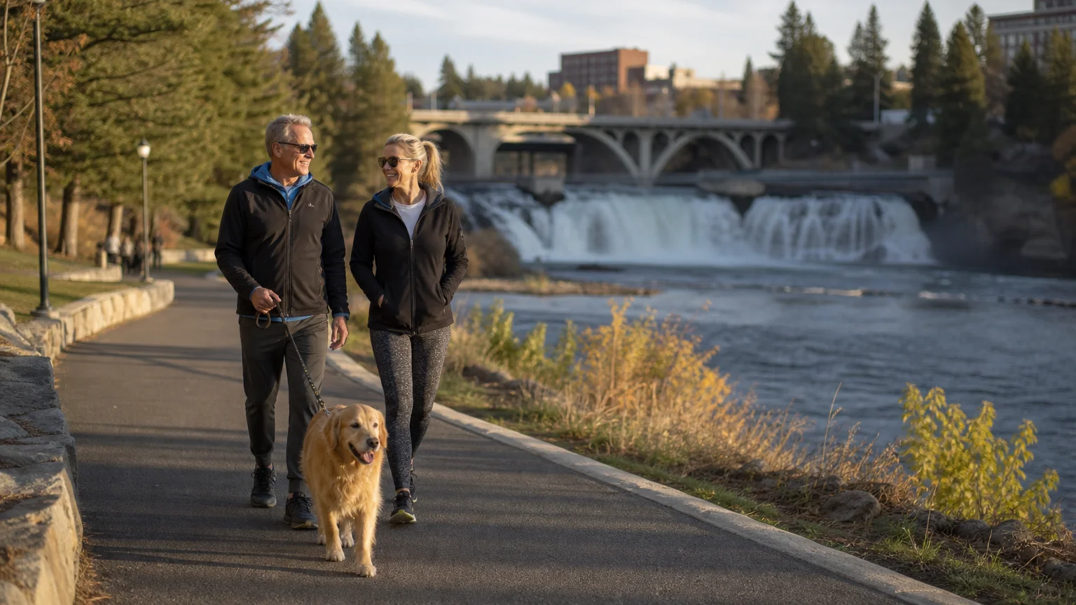 An older couple walks their dog along the paved Centennial Trail in Spokane, with a scenic river waterfall in the background.