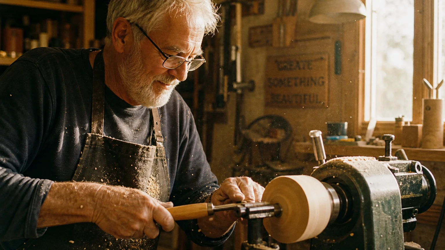 An older man joyfully crafting wood in his sun-drenched workshop, showcasing a creative post-retirement hobby.