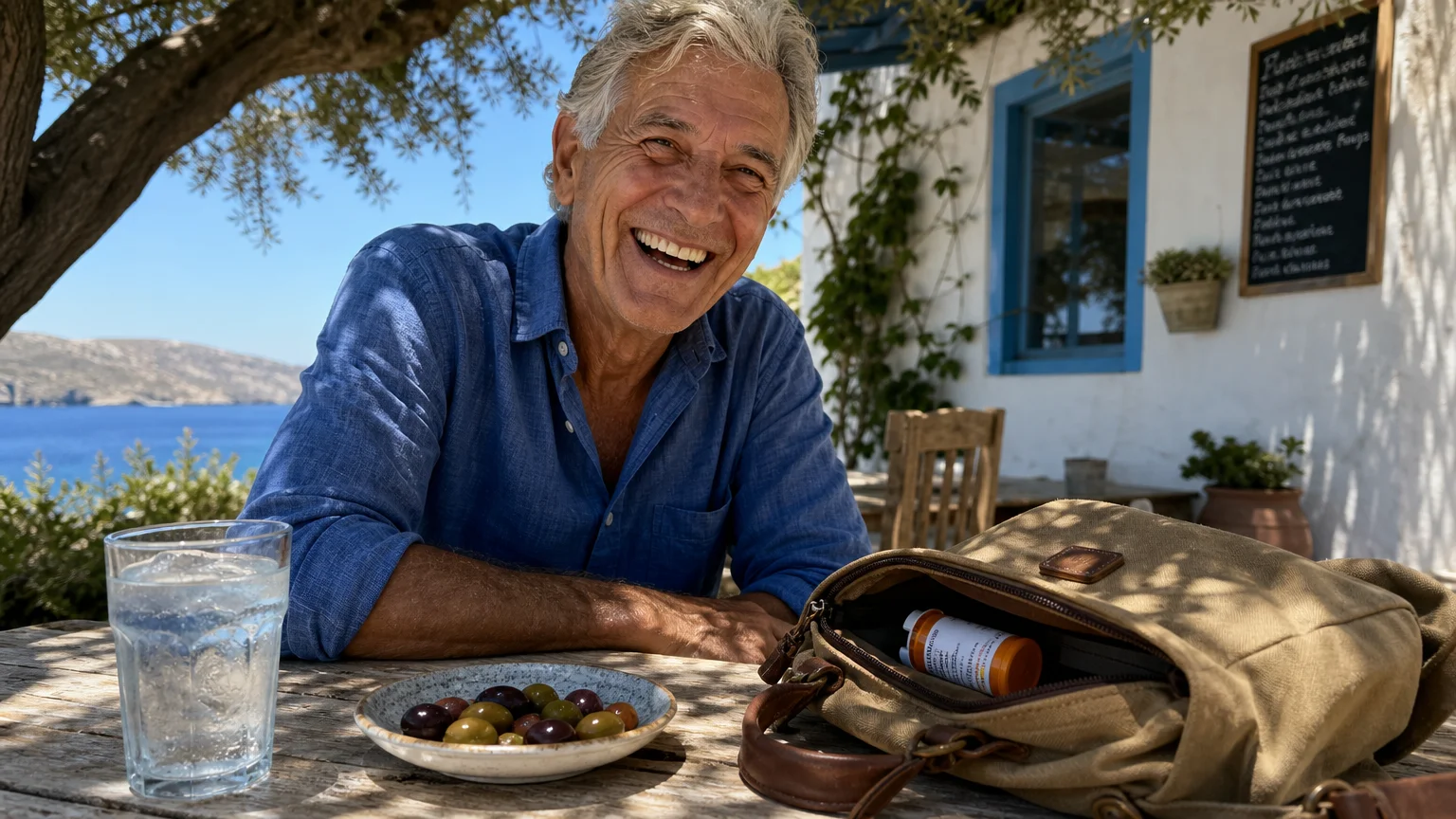 An older man laughs at a Greek cafe, with his prescription medicine safely packed in his bag.
