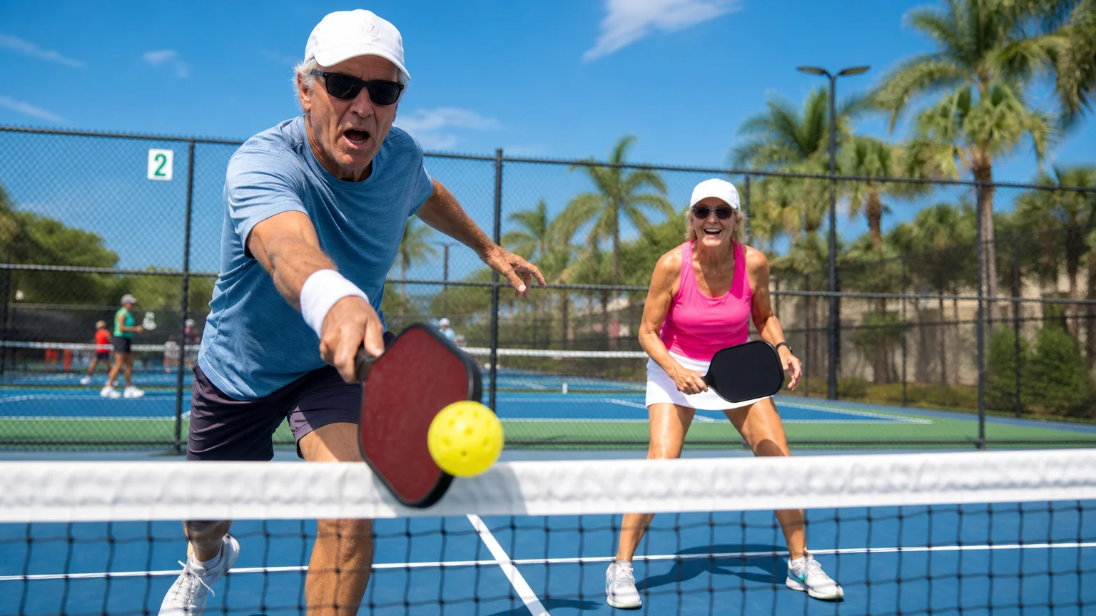 An older man mid-swing playing pickleball on an outdoor court while his female partner smiles in the background.