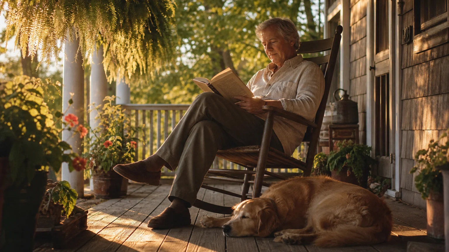 An older man reading a book on a sun-dappled wooden porch with a golden retriever lying at his feet.