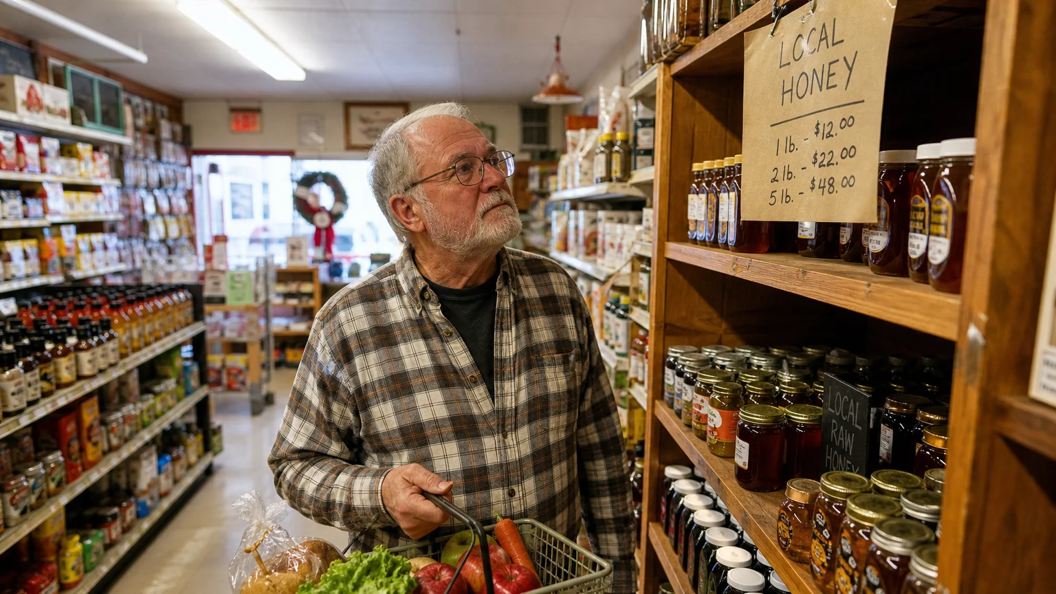 An older man shopping at a local grocery store, checking prices on produce in warm, natural afternoon light.