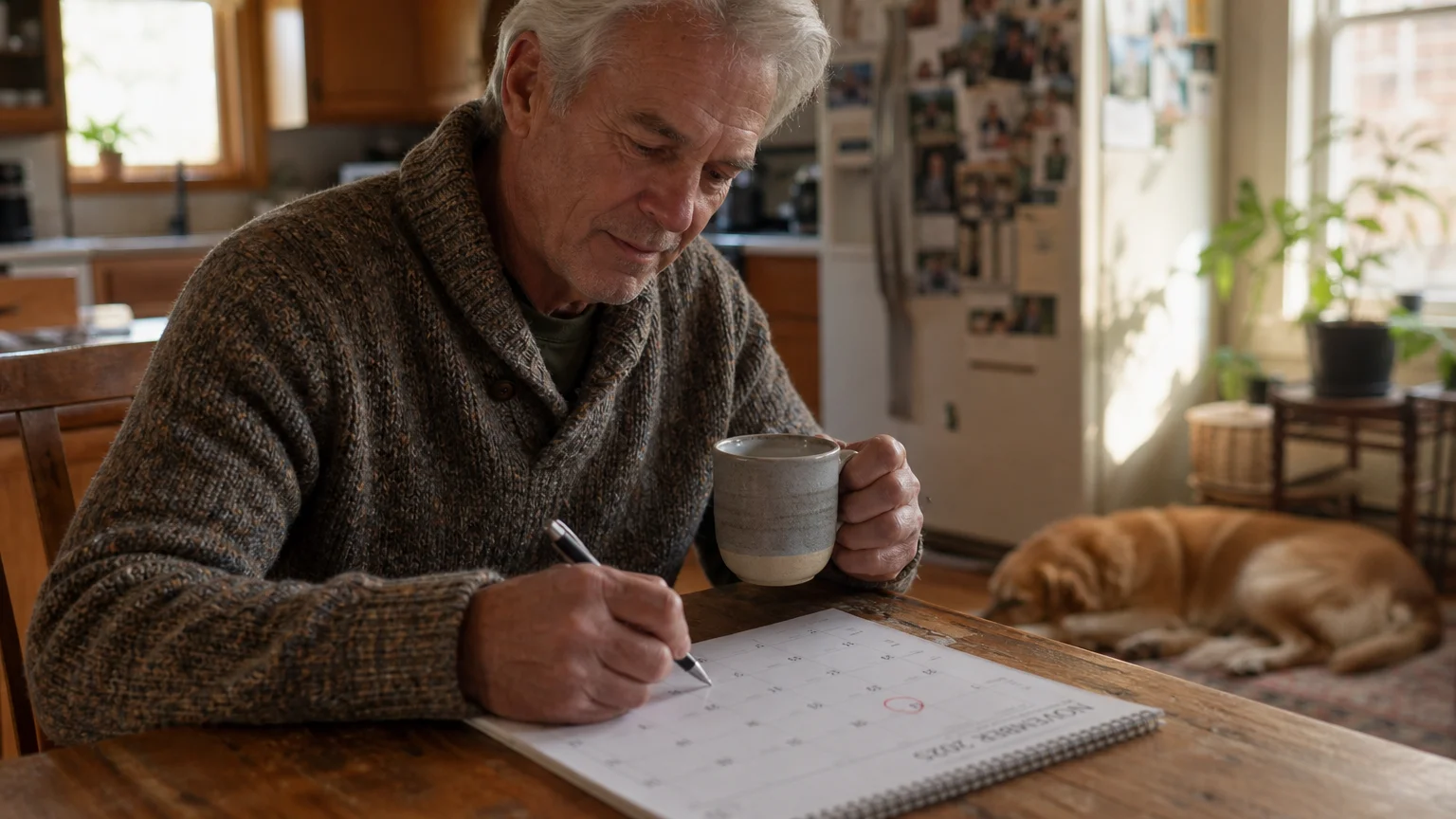 An older man sitting at a kitchen table in warm morning light, looking thoughtfully at a calendar while holding a coffee mug.