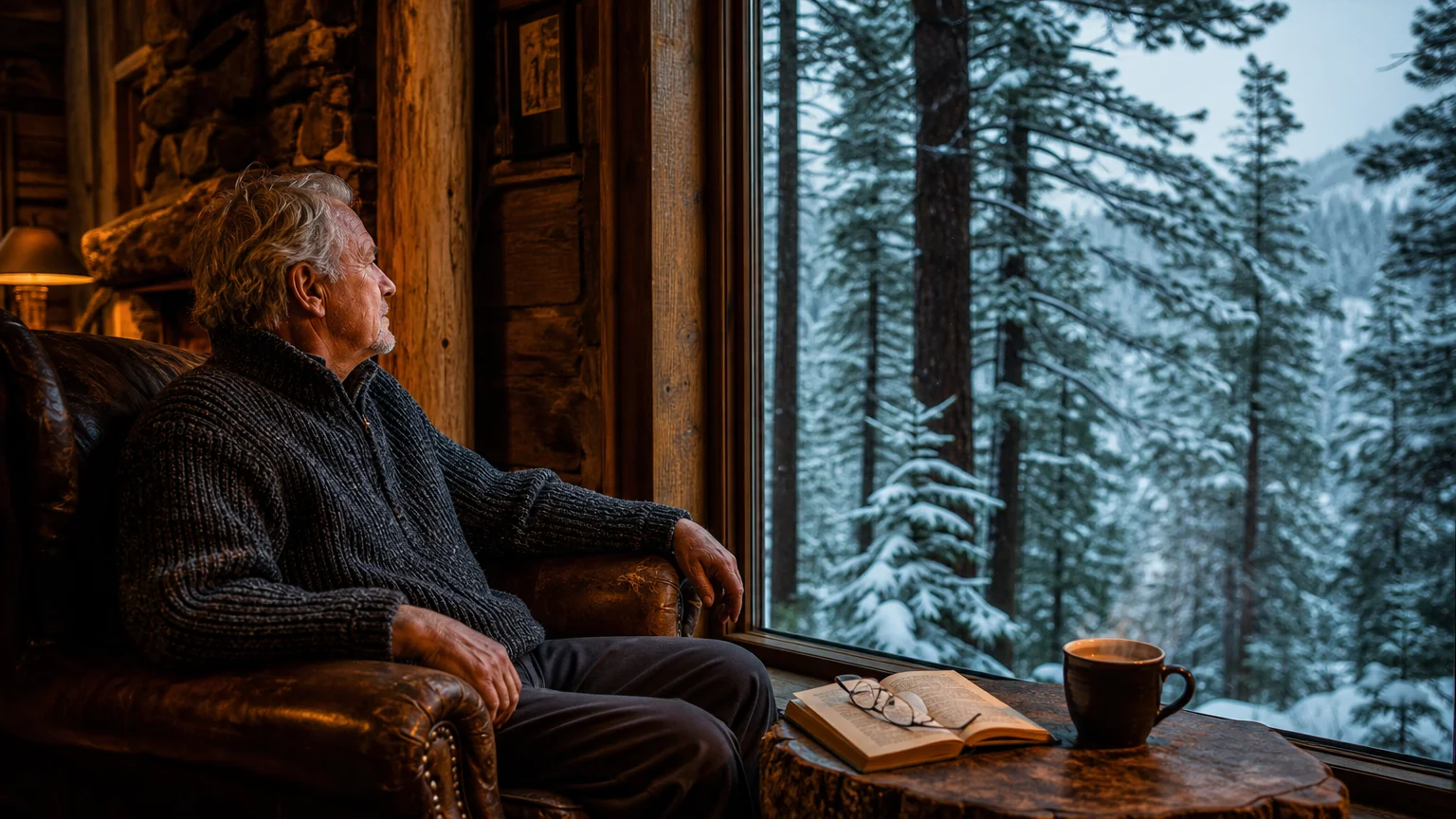 An older man sitting in a cozy lodge armchair looking at a snow-dusted forest.
