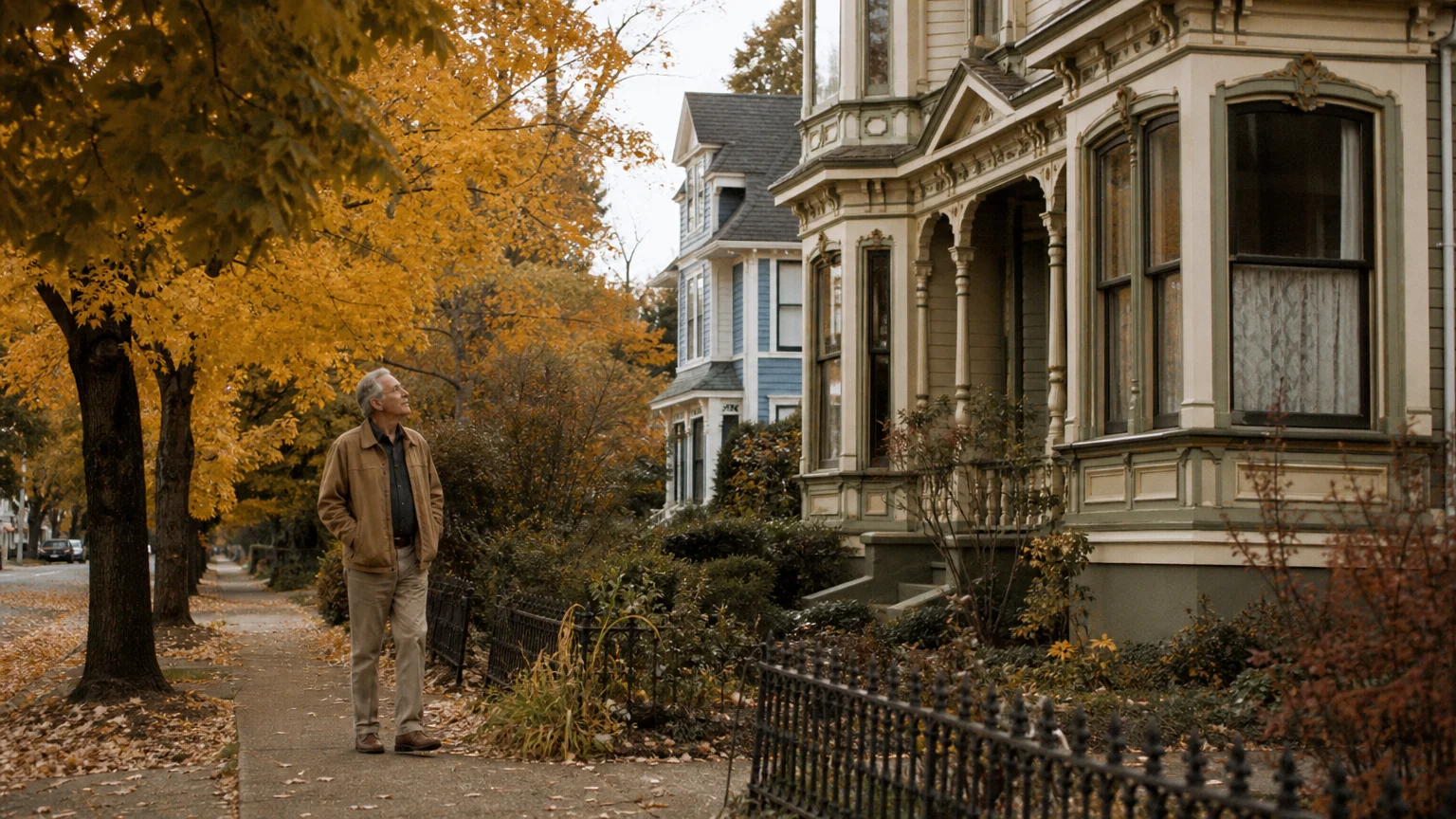 An older man strolls down a quiet, tree-lined street of historic Victorian homes in Albany, Oregon.