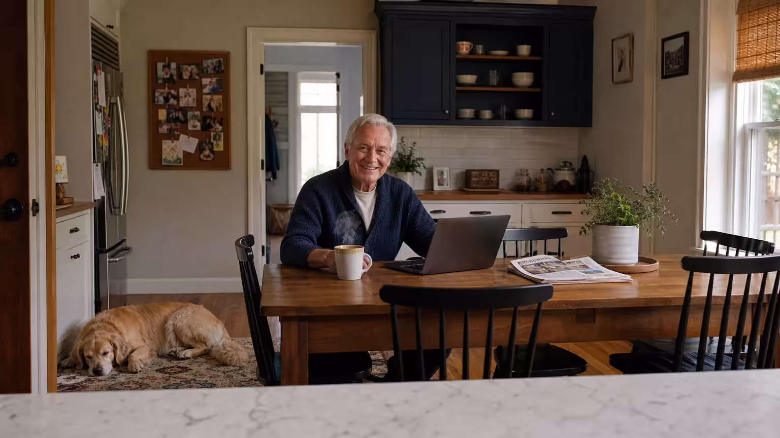 An older man working on his laptop at his kitchen table, enjoying a flexible consulting career from the comfort of home.