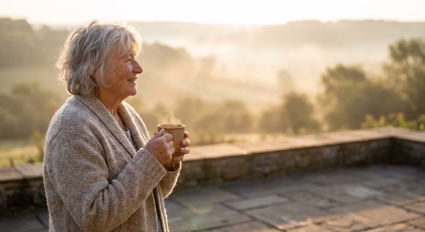 An older woman in a cozy cardigan smiling warmly while holding a steaming mug on her patio at sunrise.