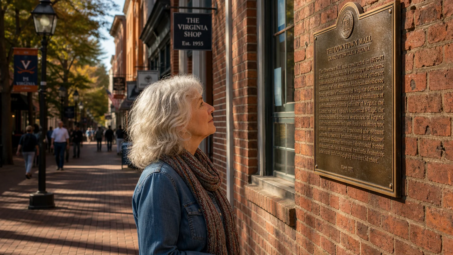 An older woman reads a historic brass plaque on a red-brick building along a brick-paved pedestrian mall.