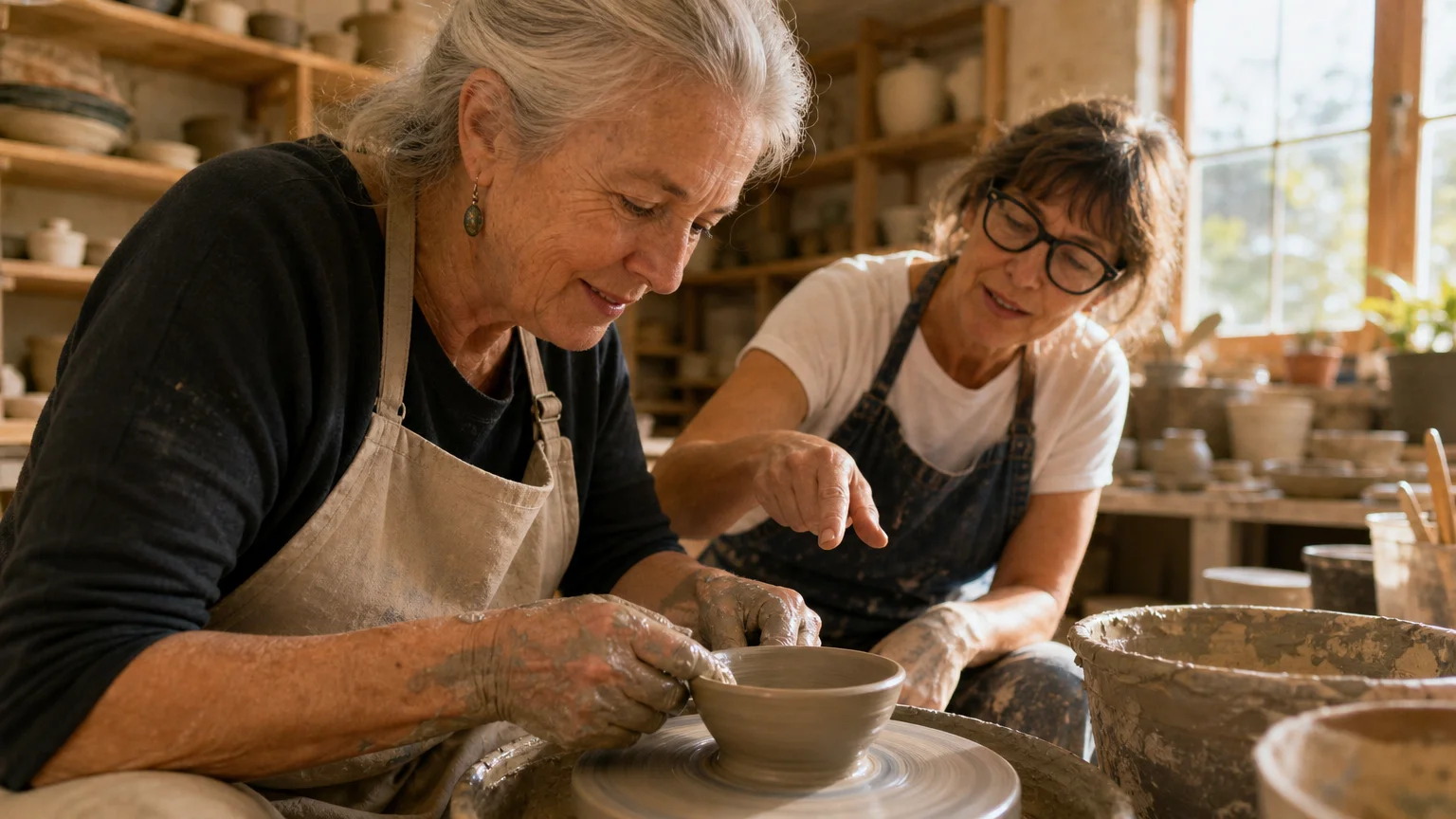 An older woman smiling as she shapes wet clay on a pottery wheel during an art studio workshop.