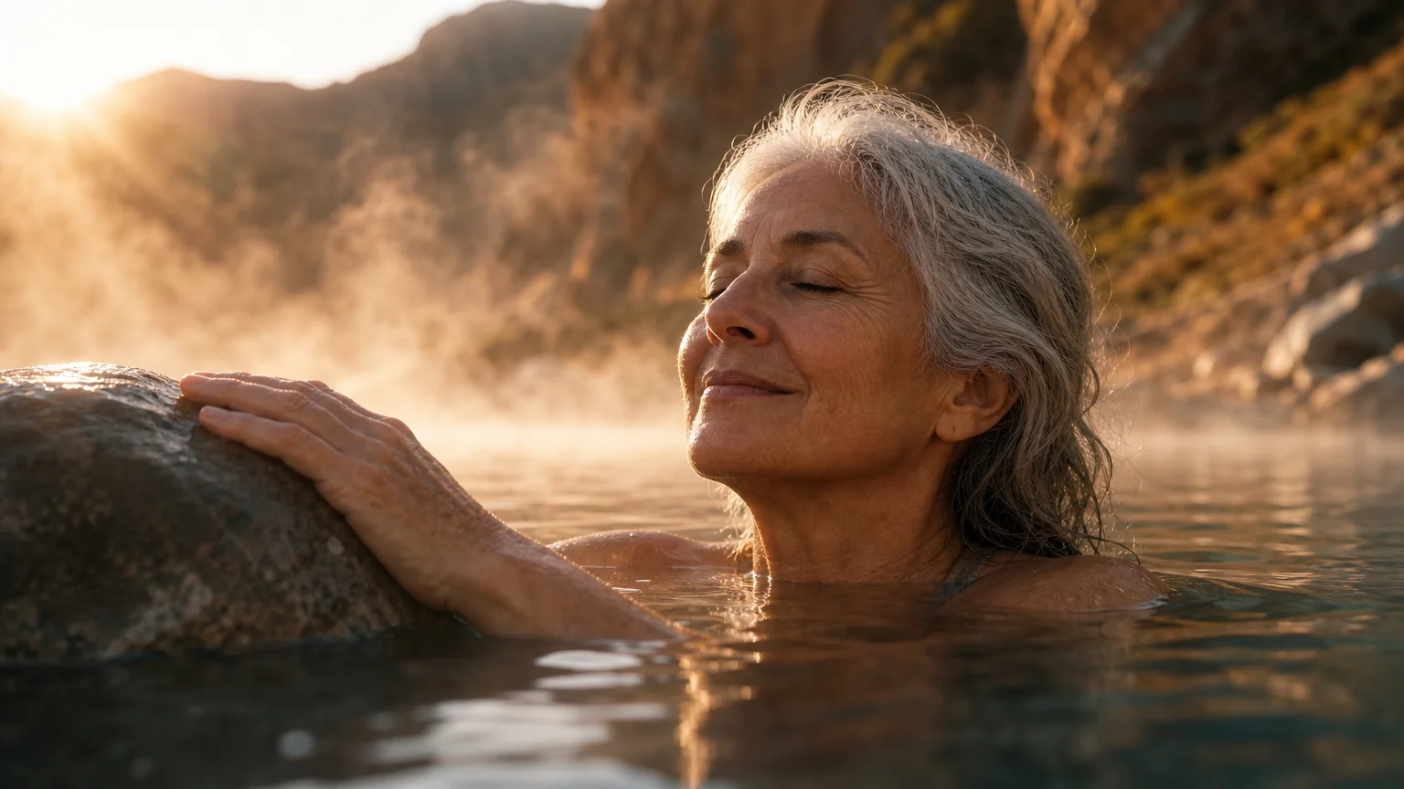 An older woman soaking in a warm natural mineral hot spring with rising steam.