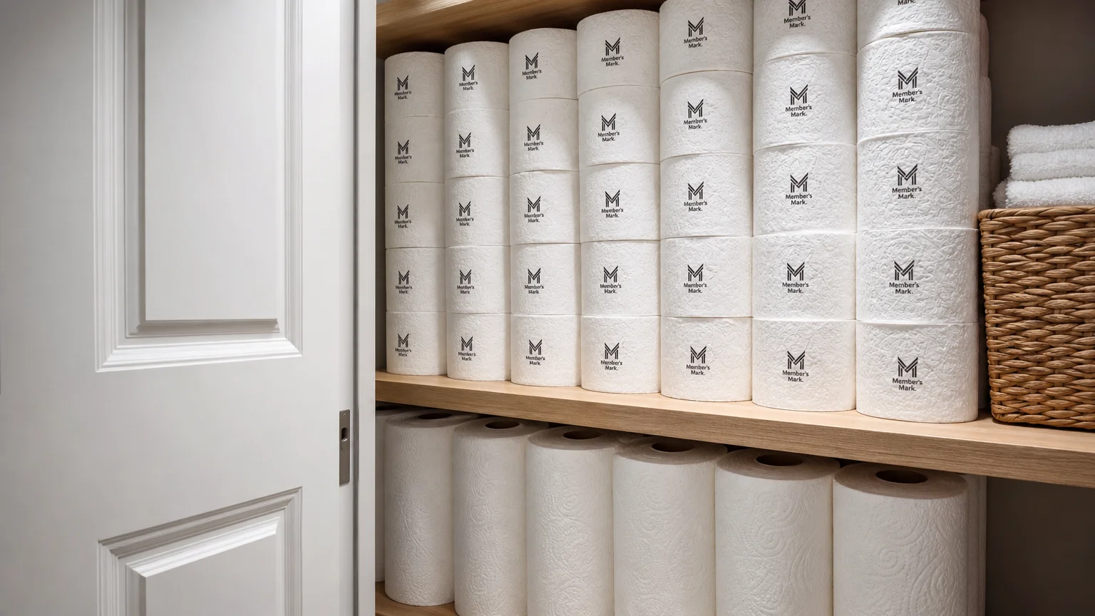 An organized linen closet shelf neatly stacked with bulk toilet paper and paper towel rolls.