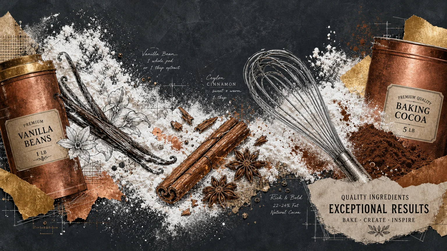 Artistic collage showing baking ingredients like flour, cinnamon, and a whisk, representing bulk baking supplies.