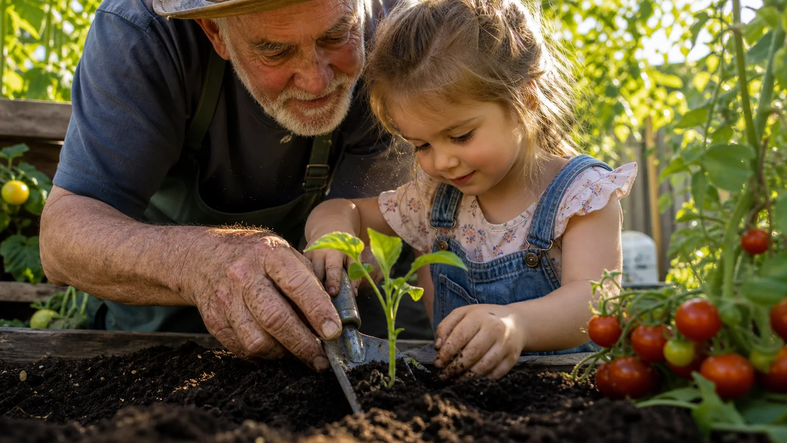 Close-up of a grandfather's hands guiding a young child's hands to plant a seedling in a sunny garden bed.