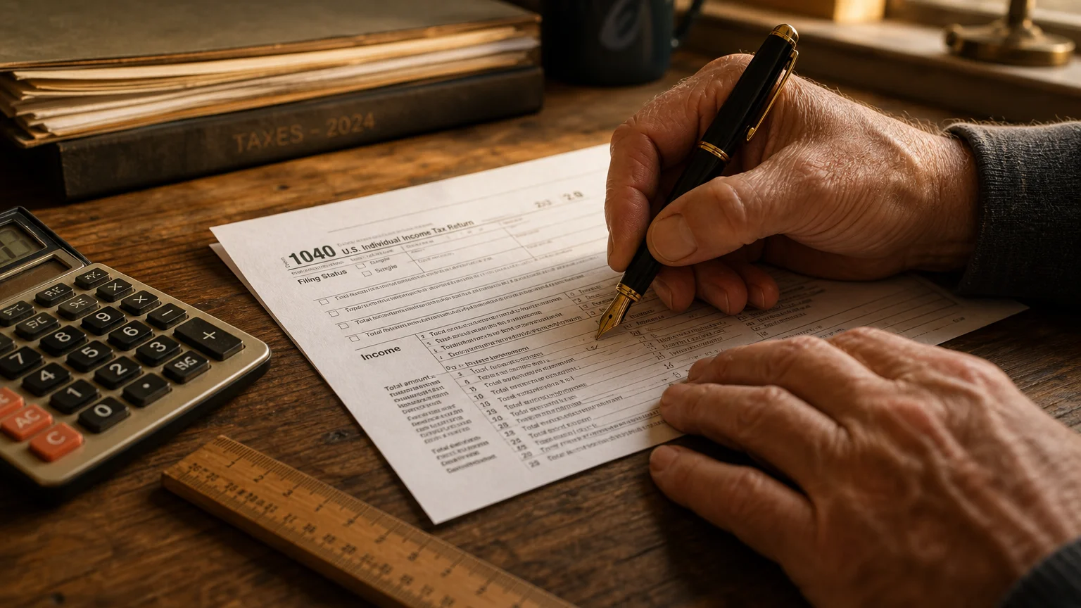 Close-up of a senior's hands checking a tax form on a wooden table, shot in a warm, documentary photographic style.