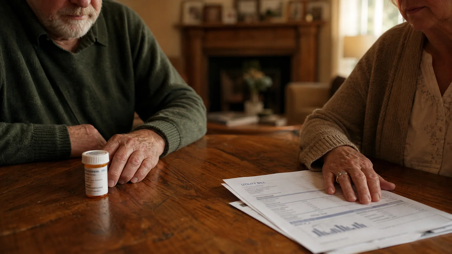 Close-up of an older couple's hands next to a prescription bottle and a home utility bill on a warm wooden dining table.