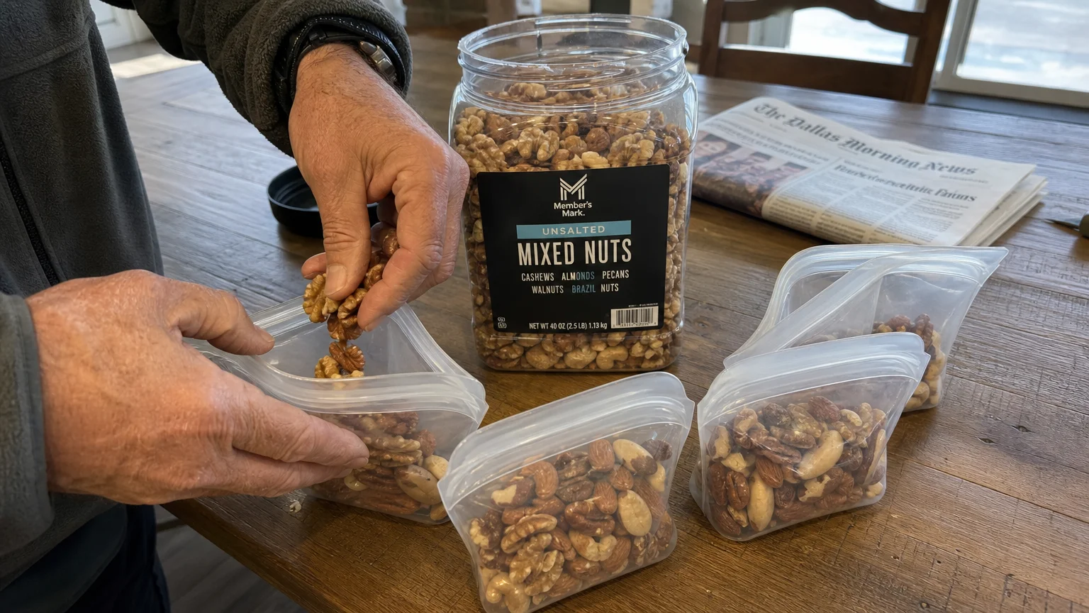 Close-up of hands portioning bulk walnuts into smaller snack bags on a wooden table, capturing a moment of healthy meal prep.