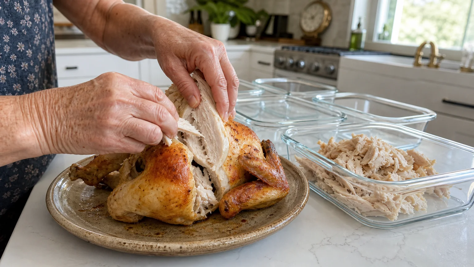 Close-up of hands shredding a rotisserie chicken into glass meal prep containers on a bright kitchen counter.