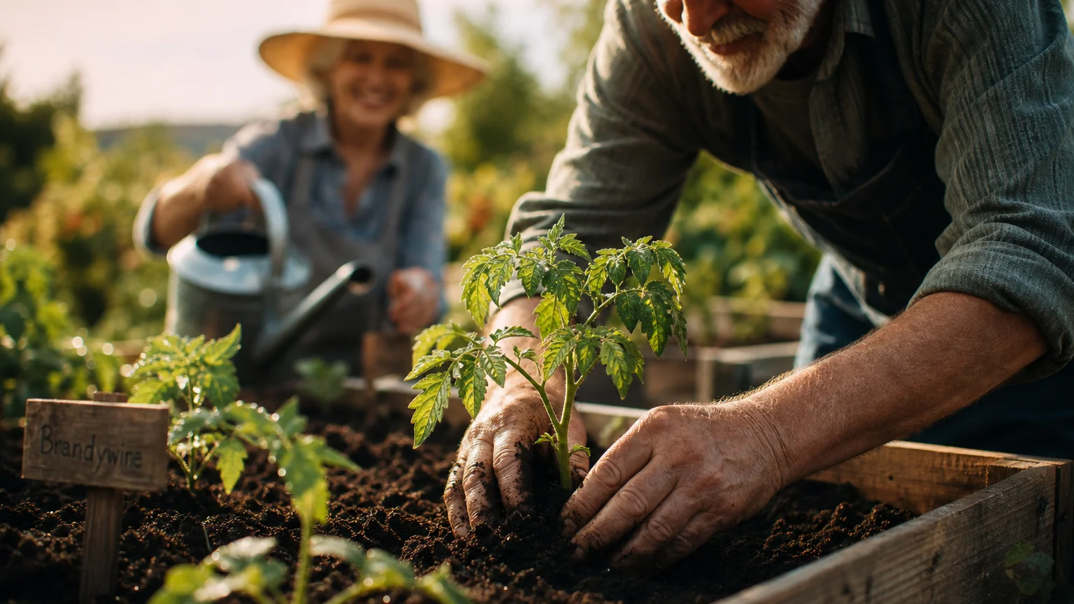 Close-up of weathered hands planting green seedlings in a raised garden bed under warm afternoon sun.