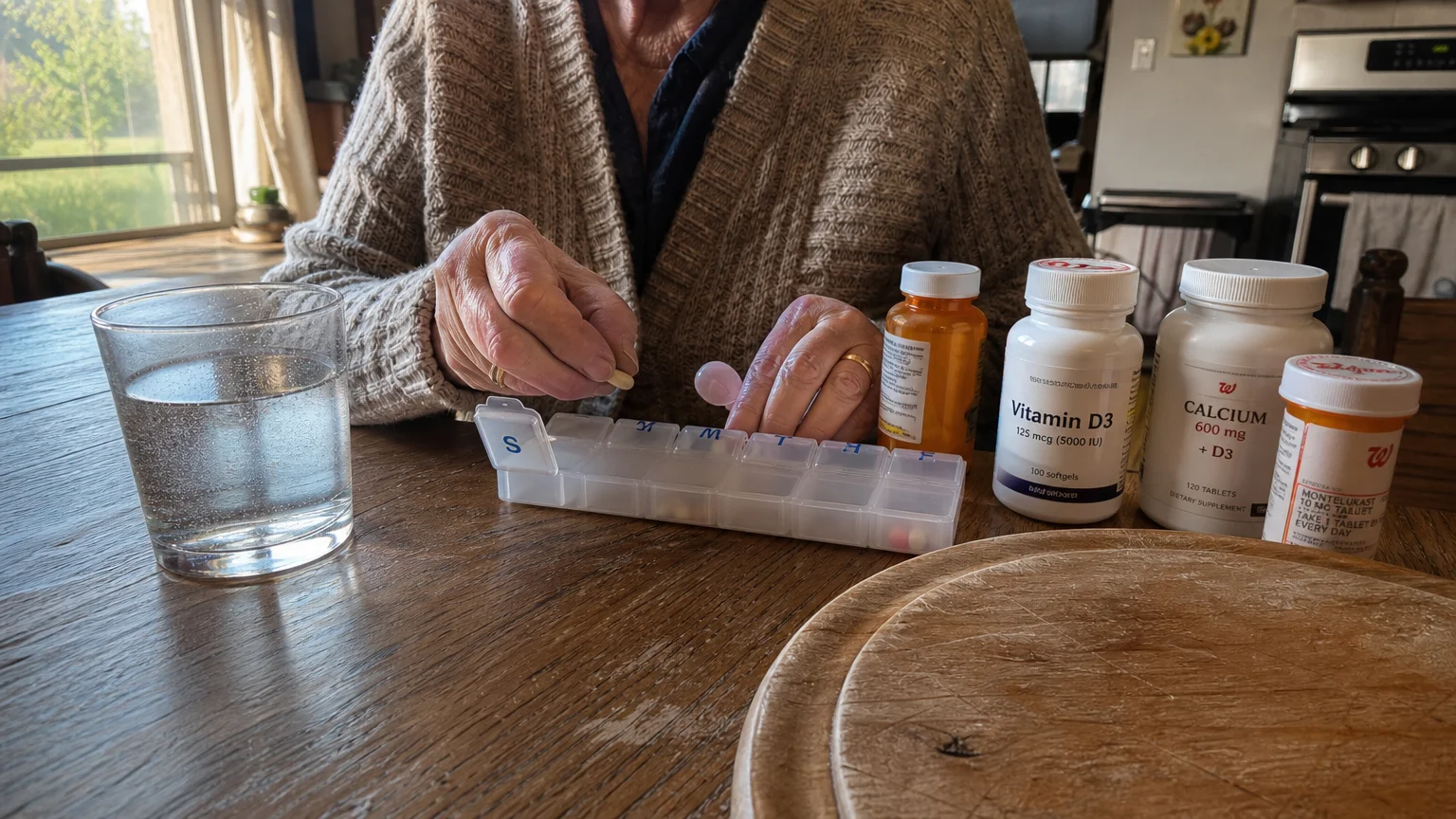 Close-up photo of a senior's hand organizing daily medications into a pill planner on a warm kitchen table.