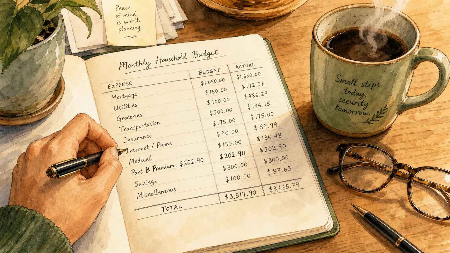 Editorial watercolor illustration of hands writing a budget ledger with an entry for the $202.90 Part B premium.