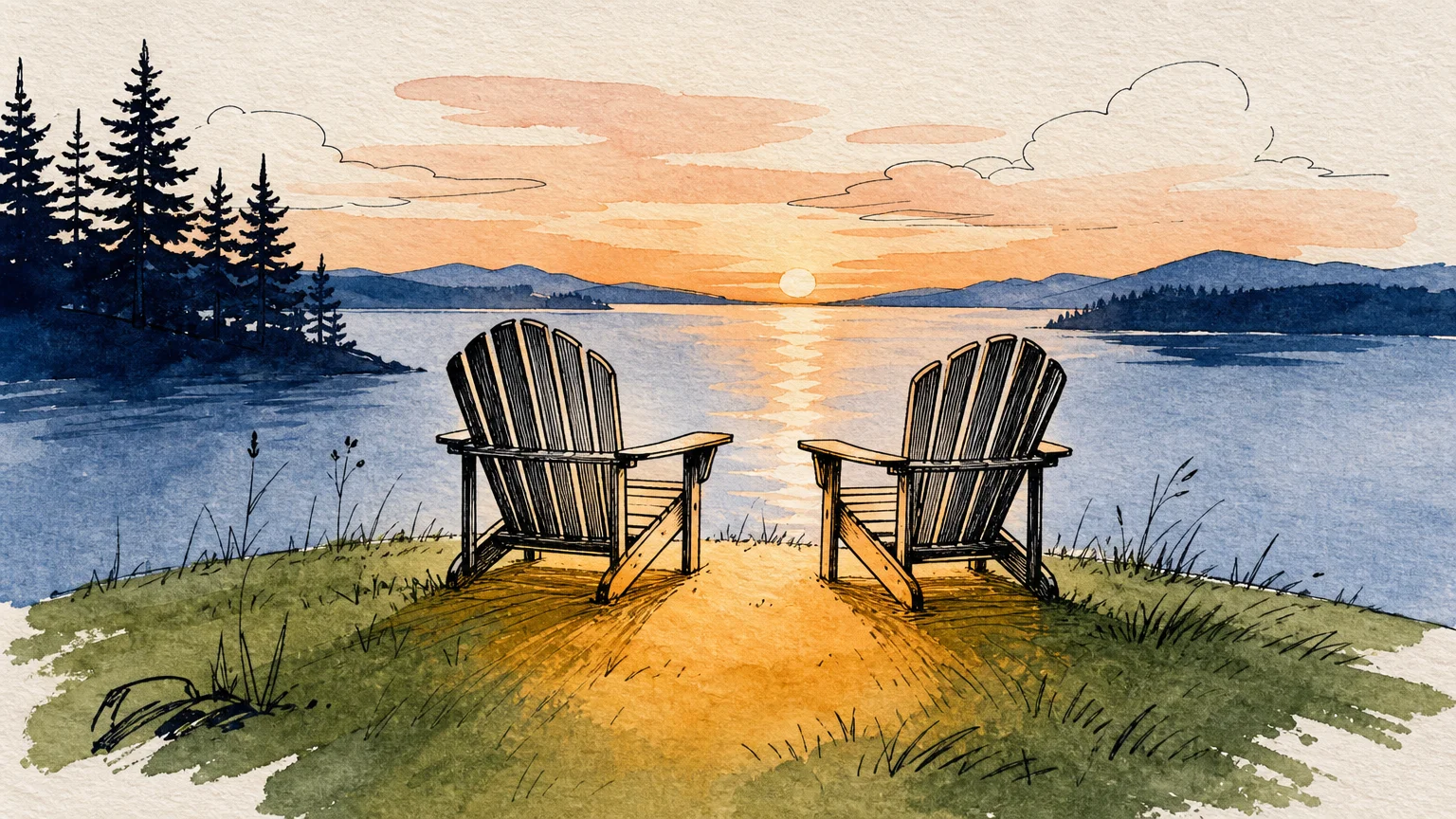 Ink and watercolor drawing of two Adirondack chairs side-by-side overlooking a lake, with their shadows merging in a golden wash.