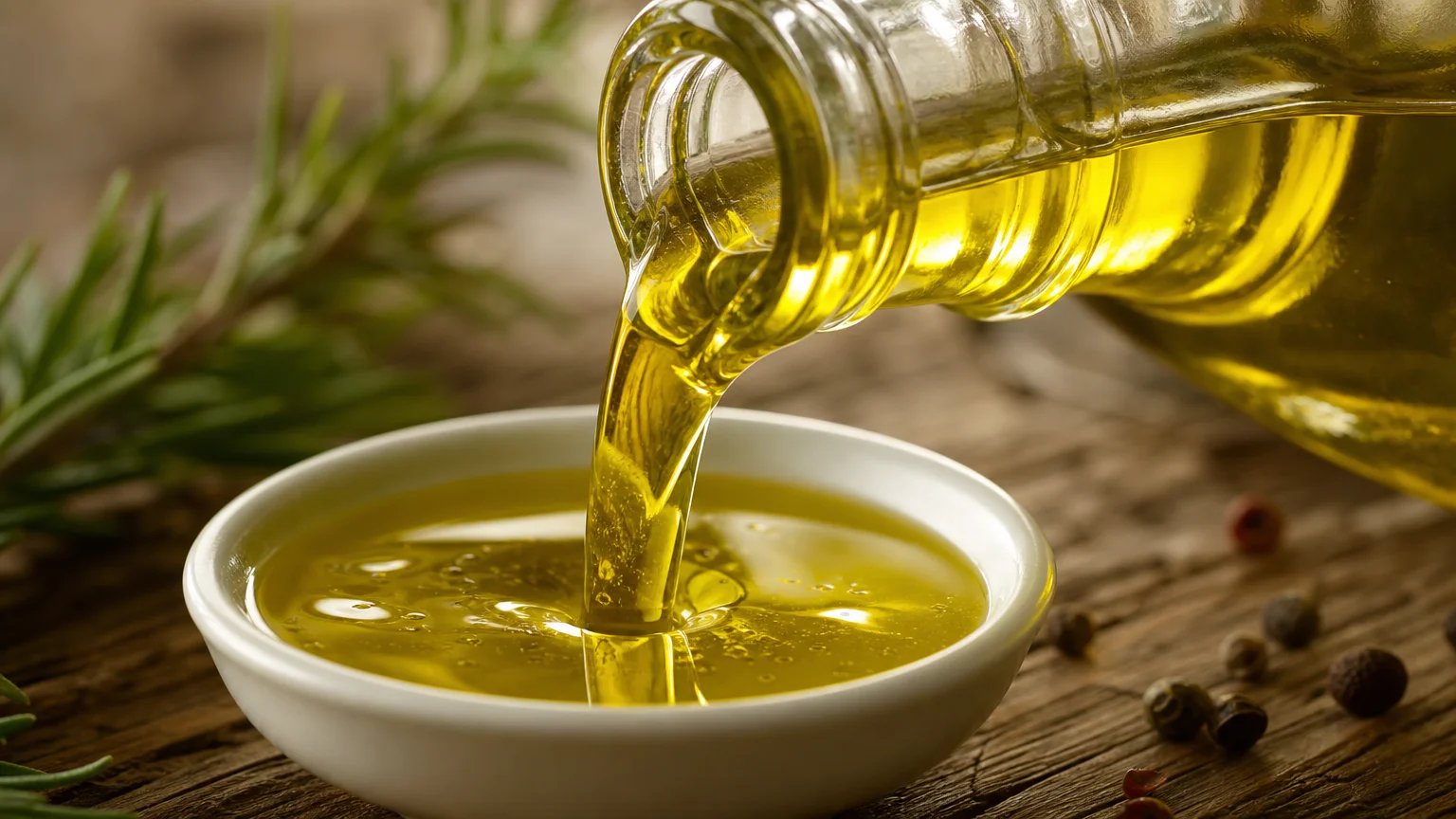 Macro shot of golden olive oil being poured into a bowl, highlighting its clarity and premium quality.