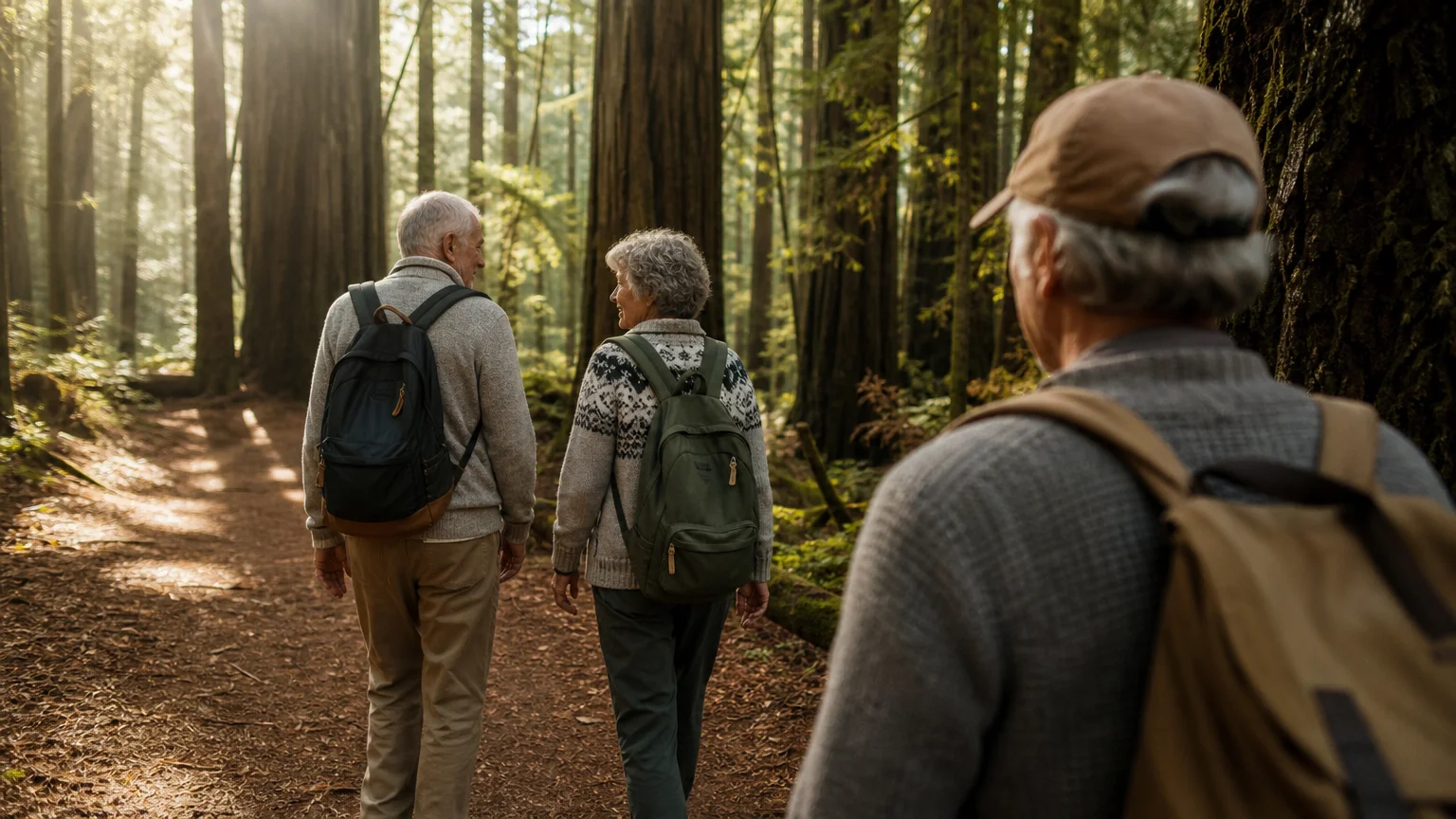 Three active older adults enjoying a morning walk on a sunlit dirt trail through a redwood forest.