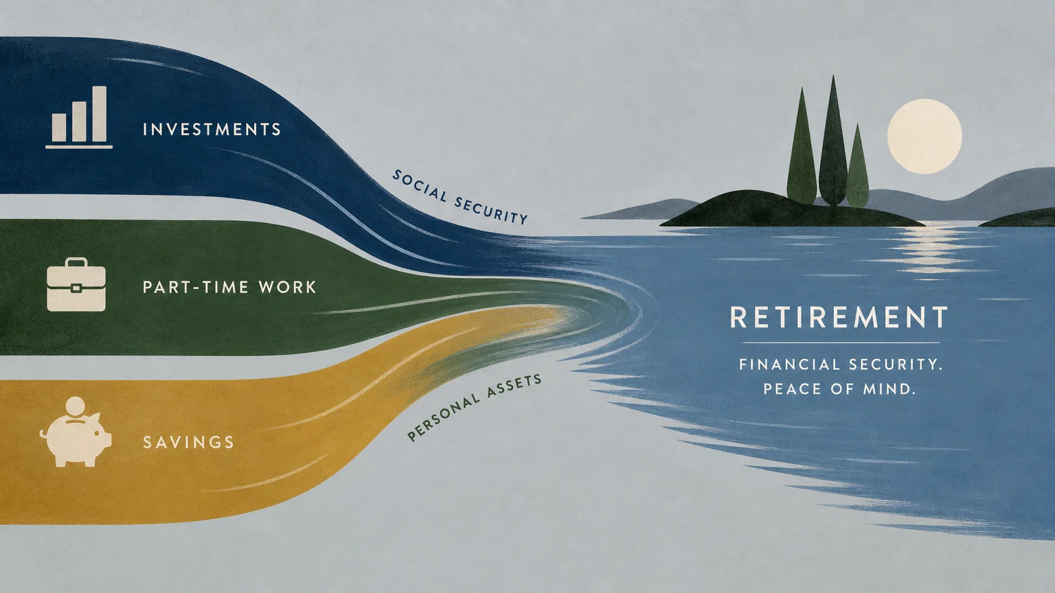 Three colorful streams merging into a single river, symbolizing the diversification of retirement income sources.