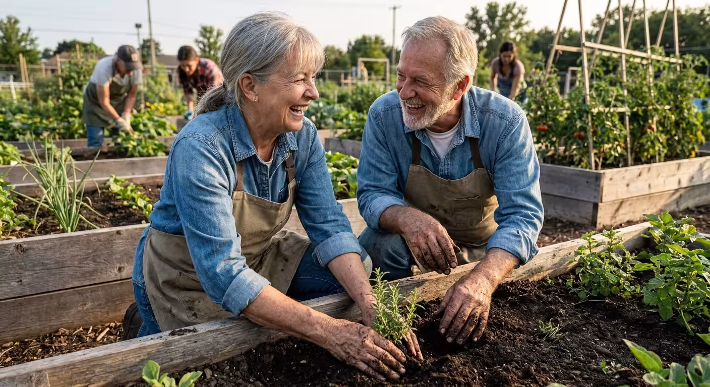 Two older adults laughing together while working on a raised garden bed in a community garden.