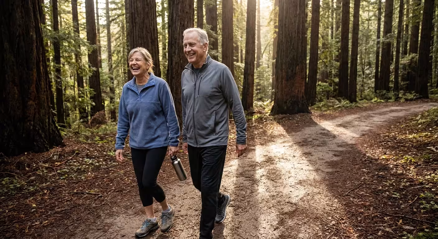 Two older friends walking and laughing on a scenic forest trail during a sunny morning walk.