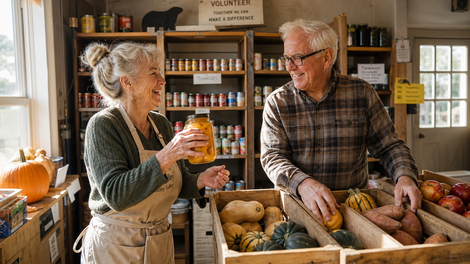 Two senior volunteers sharing a laugh while organizing fresh produce and canned goods at a local food bank.