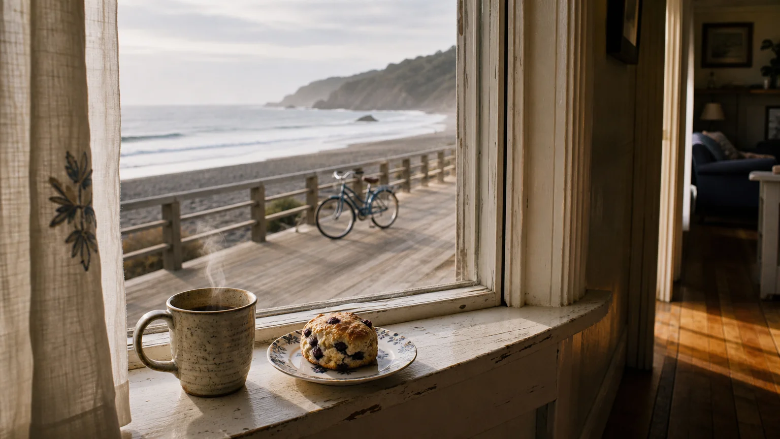 View of a coastal boardwalk through a bed and breakfast window with a hot mug on the sill.