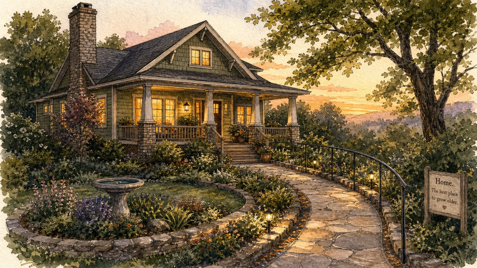 Watercolor illustration of a cozy craftsman house nestled in a safe, winding garden path, representing aging in place.