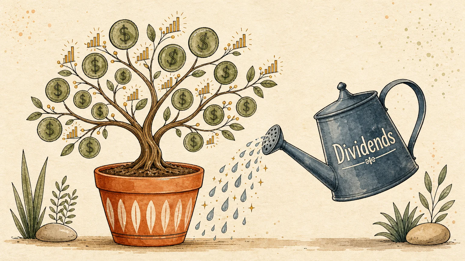 Watercolor illustration of a hand watering a plant with coin-shaped leaves using a watering can labeled Dividends.