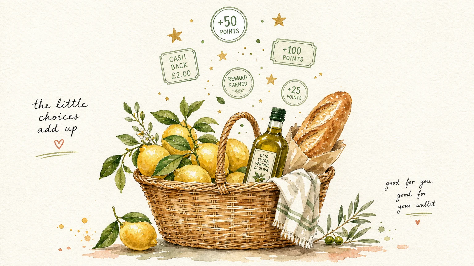 Watercolor illustration of a market basket filled with fresh food and floating green stars representing rewards.