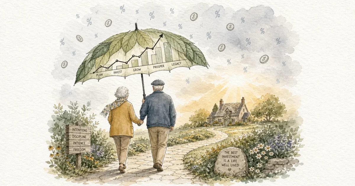 Watercolor illustration of a senior couple under a leafy umbrella, protected from falling percentage-shaped raindrops.