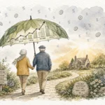 Watercolor illustration of a senior couple under a leafy umbrella, protected from falling percentage-shaped raindrops.