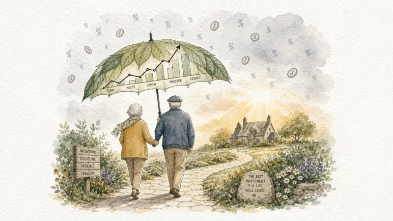 Watercolor illustration of a senior couple under a leafy umbrella, protected from falling percentage-shaped raindrops.