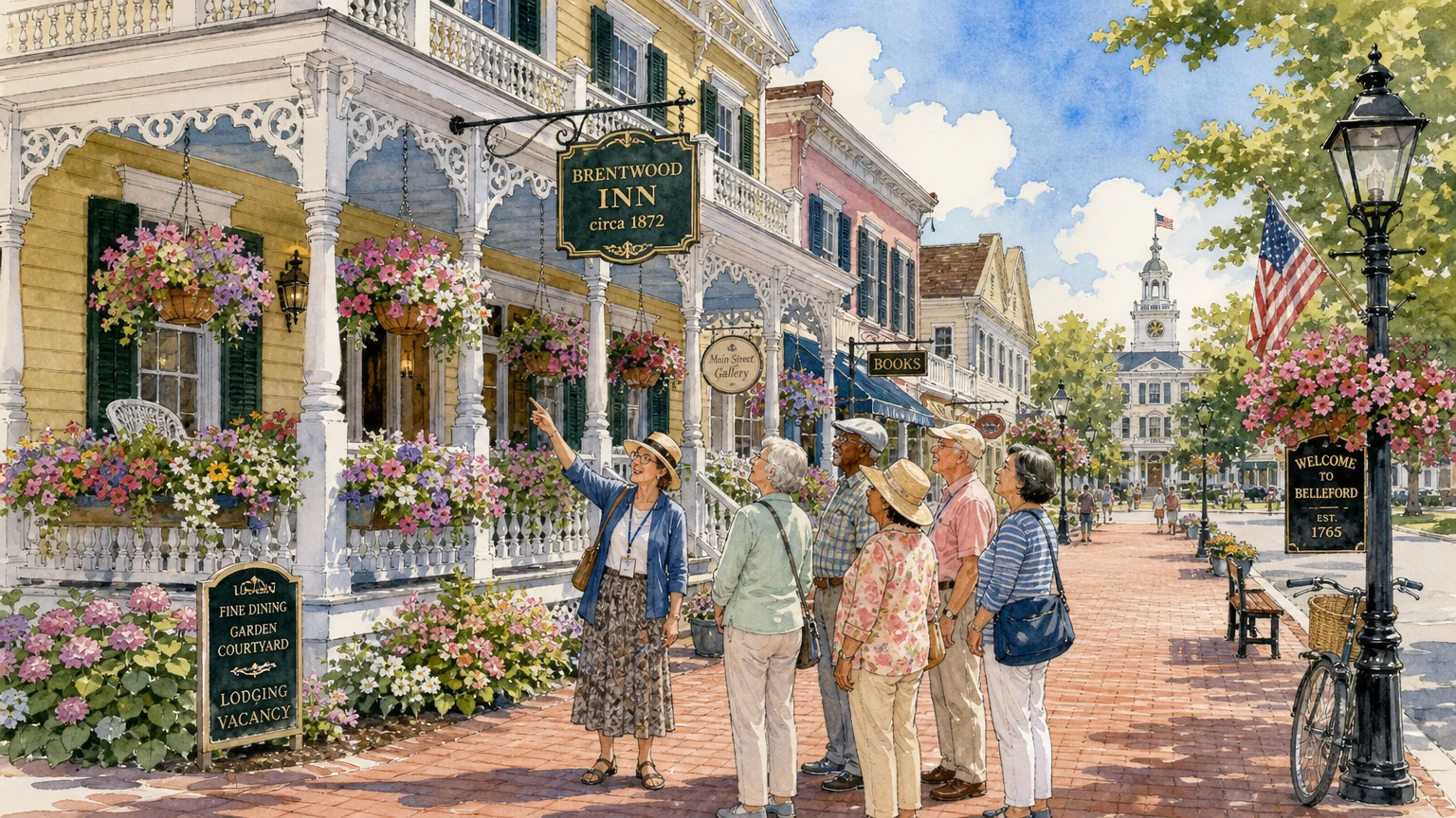 Watercolor illustration of a walking tour in front of a historic Victorian inn.