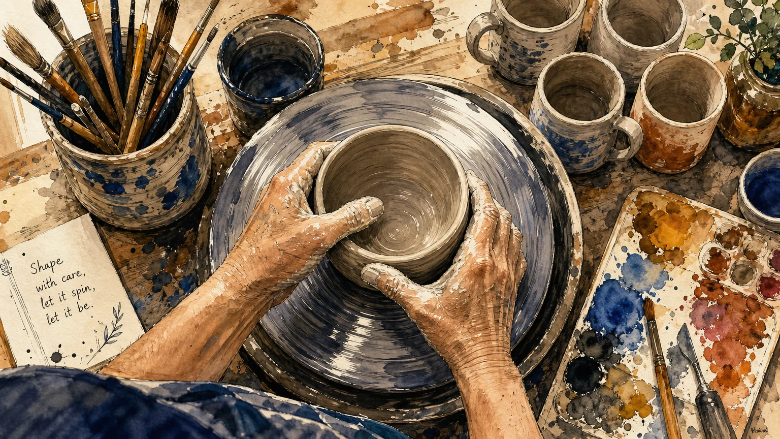 Watercolor illustration of hands shaping a clay pot on a pottery wheel.