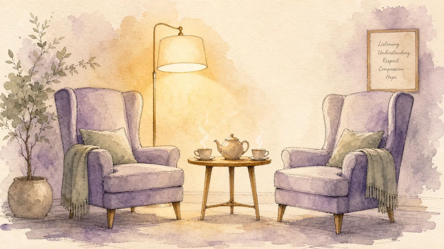Watercolor illustration of two cozy armchairs facing each other by a warm lamp, symbolizing gentle healthcare planning.