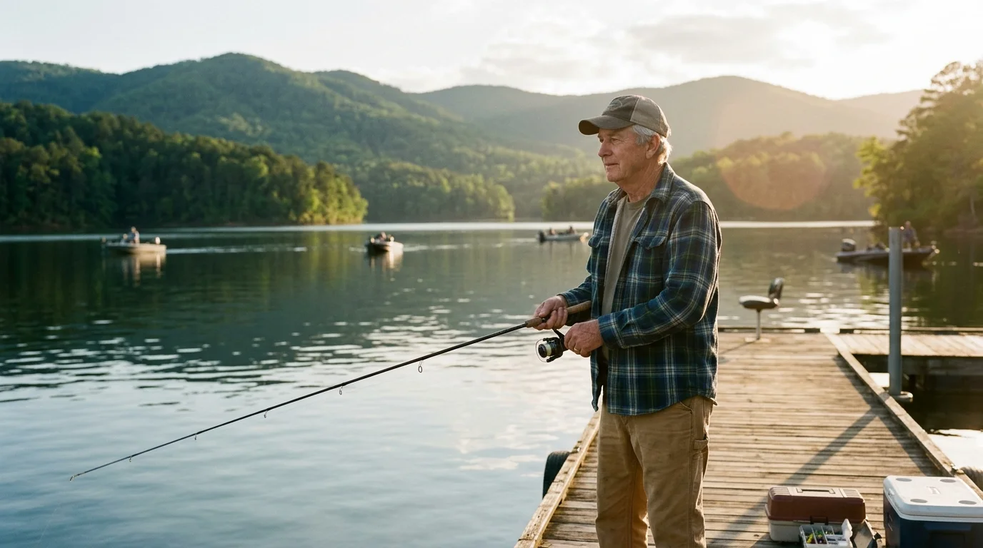 A 35mm film photograph of a senior man fishing on a scenic Arkansas lake surrounded by forested mountains.