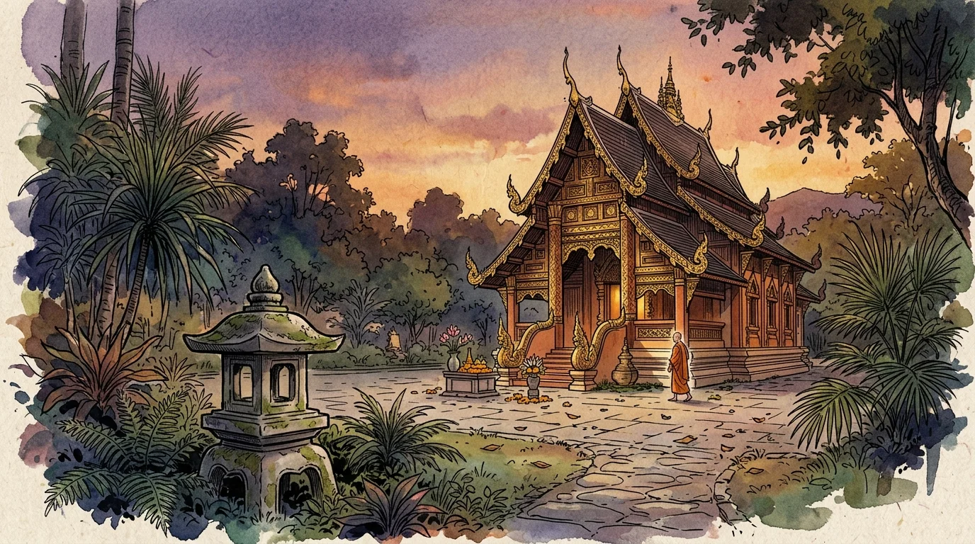 A beautiful watercolor and ink drawing of a Lanna-style Buddhist temple in Chiang Mai under a warm sunset sky.