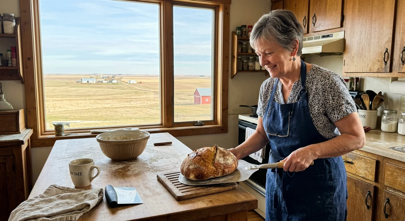 A candid indoor photograph of a retired woman baking bread in her sun-drenched North Dakota kitchen.