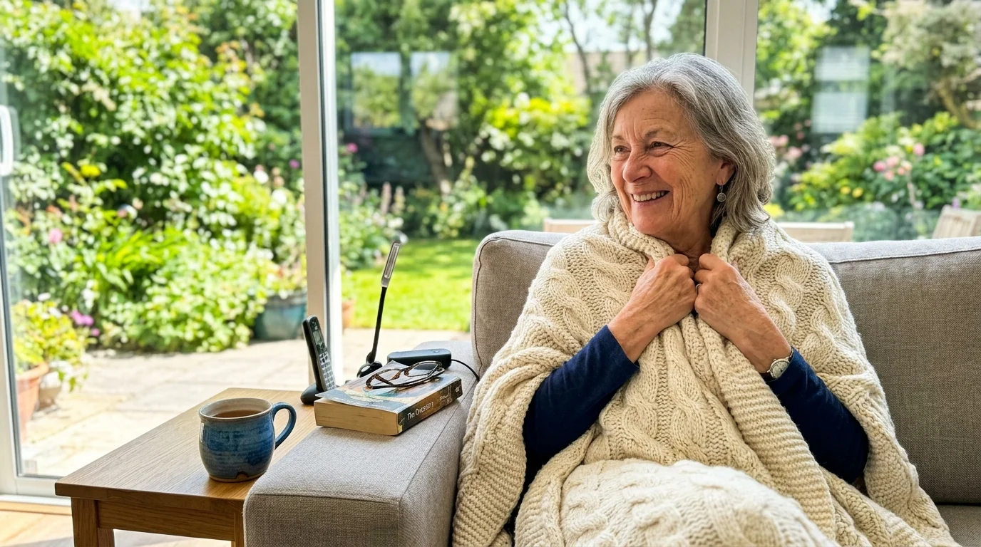 A candid photo of a senior woman wrapped in a thick knit blanket inside a sunlit room, looking out at a warm sunny garden.